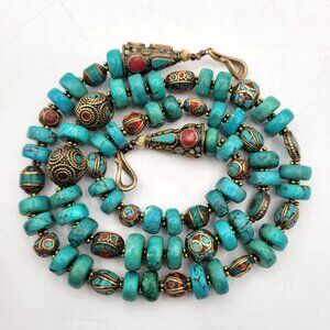 Vintage Nepal Turquoise Rondelle 39" Necklace Cloisonné Beads Handmade in USA